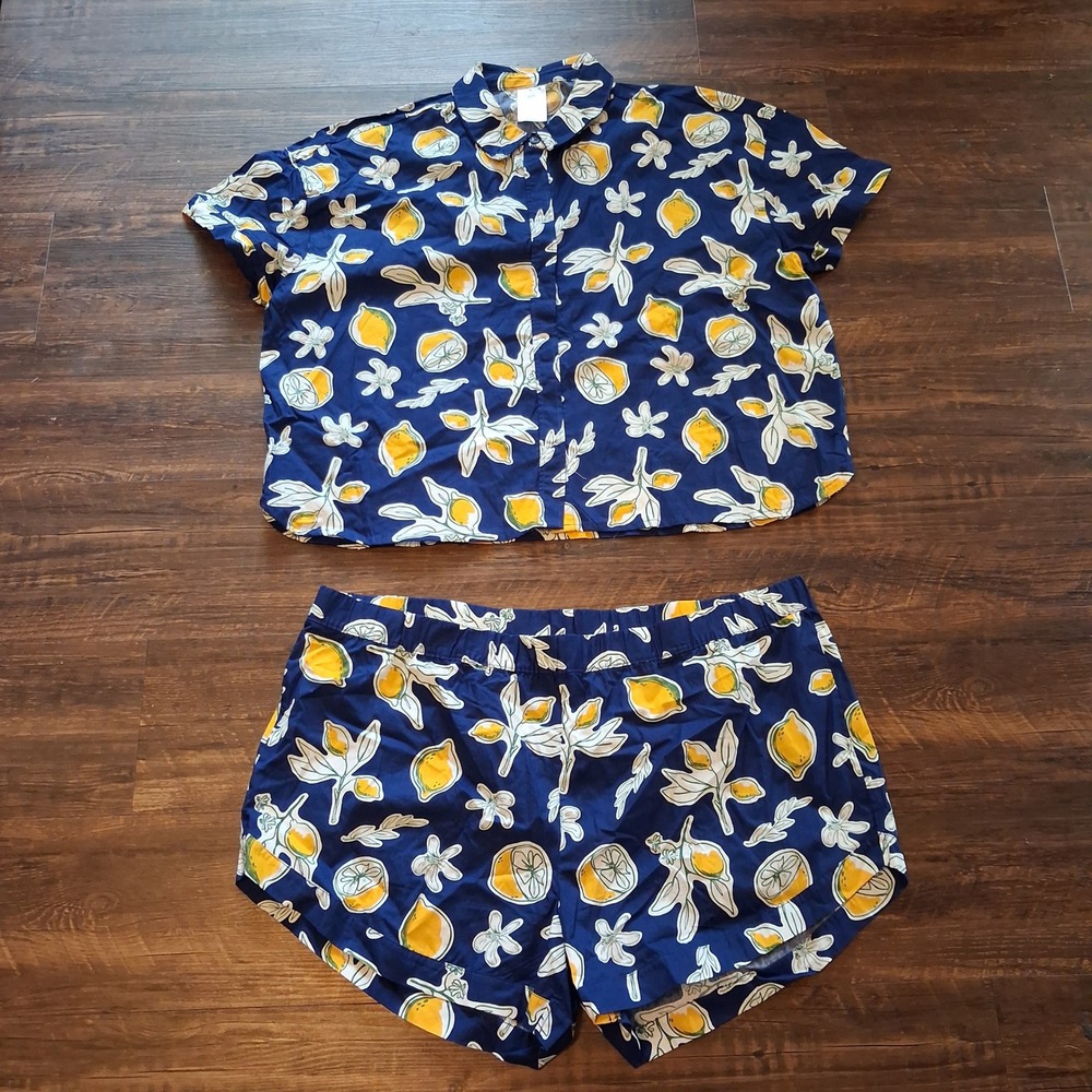 Serra Lounge Set Womens XL Navy Lemon Print Cotton Short Sleeve Shorts Lounge